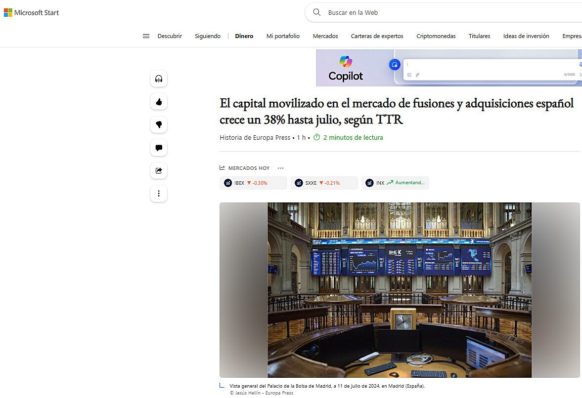 El capital movilizado en el mercado de fusiones y adquisiciones espaol crece un 38% hasta julio, segn TTR